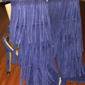 SEXY BLUE SHAGGY OPEN TOE MID CALF HIGH HEELS